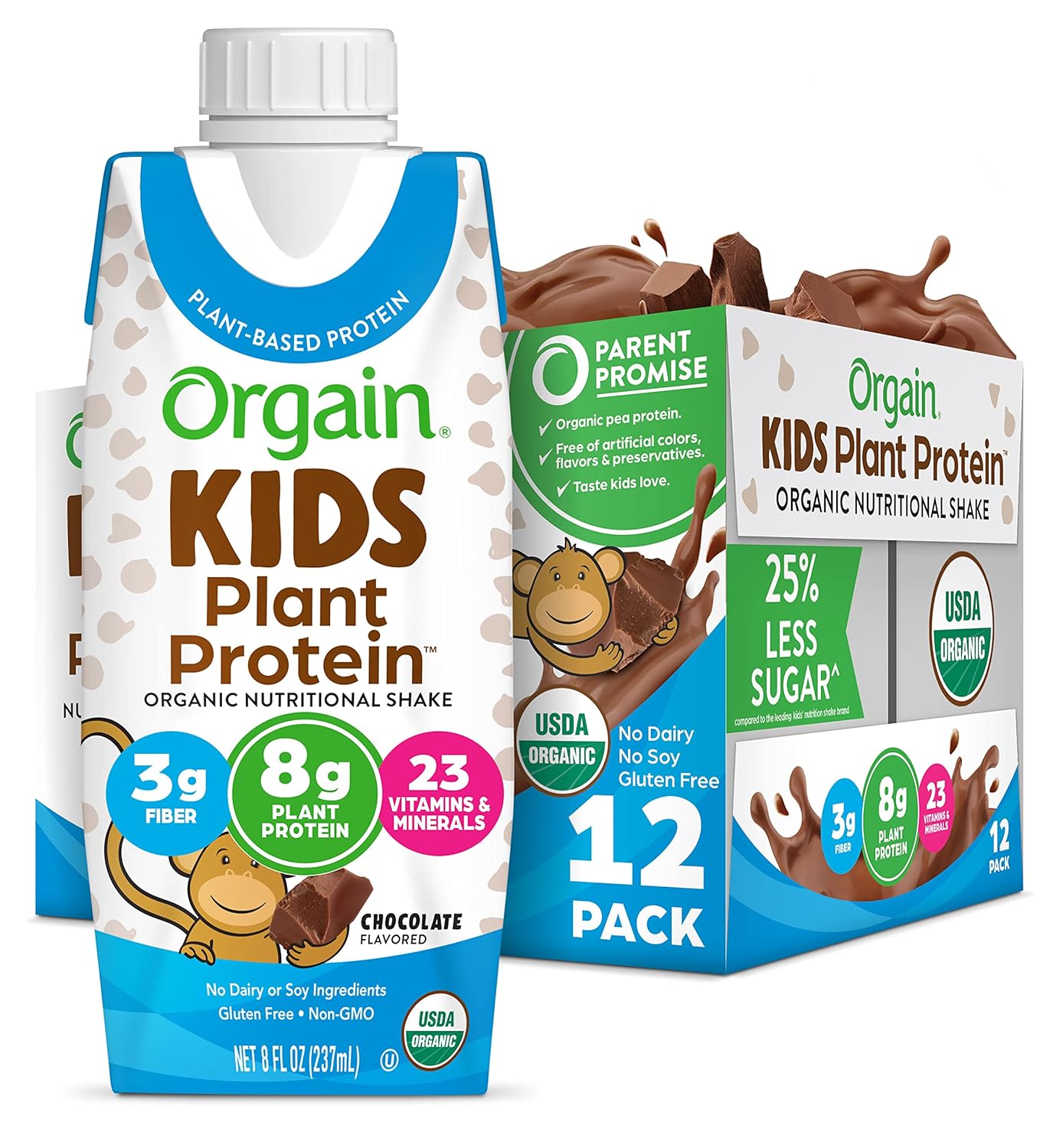 Orgain Organic Kids Vegan Protein Nutritional Shakes, Chocolate - 8g of Protein, Contains Fiber and 23 Vitamins and Minerals, Plant Based, No Gluten or Soy, Non-GMO, 8 Fl Oz (Pack of 12) - Image 1